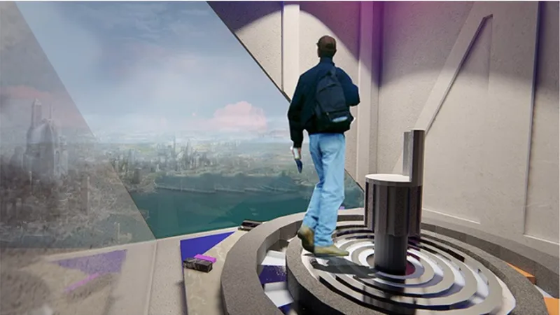 Interior view of a person on a circular platform overlooking a panoramic window with cityscape beyond