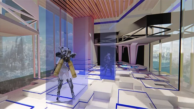 Interior gallery space with slatted timber ceiling, glass platforms and a robotic sculpture on display