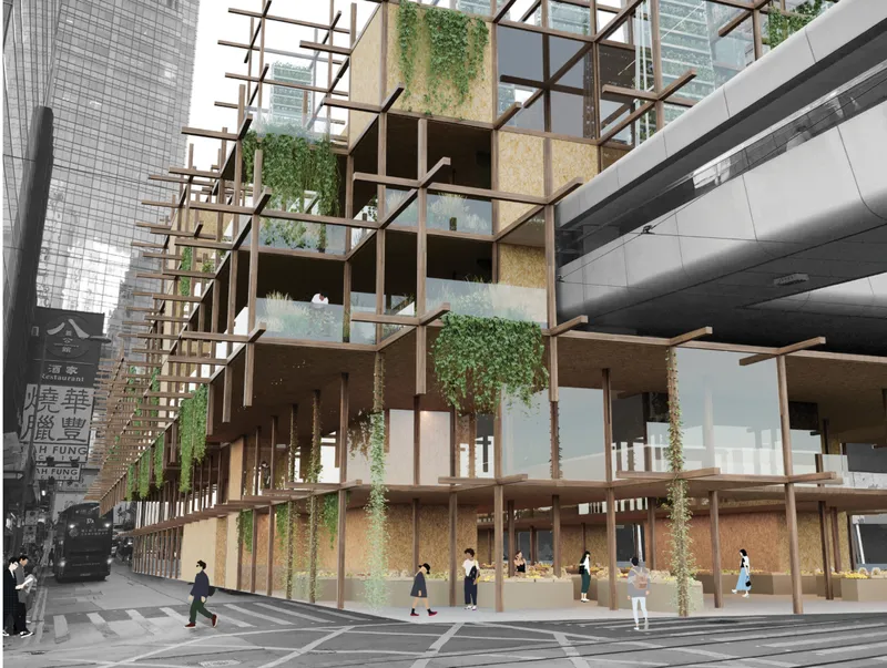 Street-level view of an open timber grid structure with planted boxes and pedestrians passing below