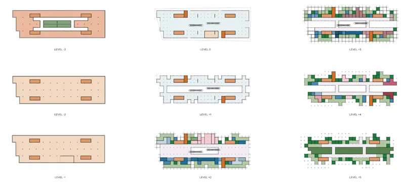 Floor plan drawings across nine levels showing spatial layouts with colored program zones and structural grid