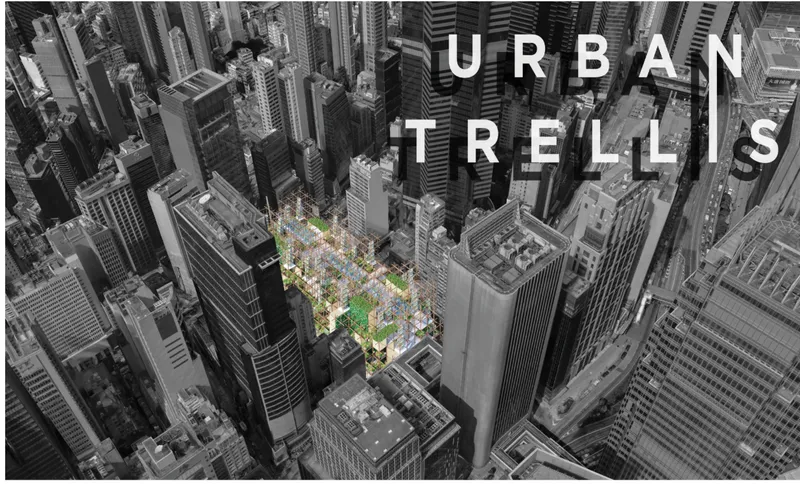 Aerial view of a green planted rooftop pavilion surrounded by dense highrise towers in monochrome