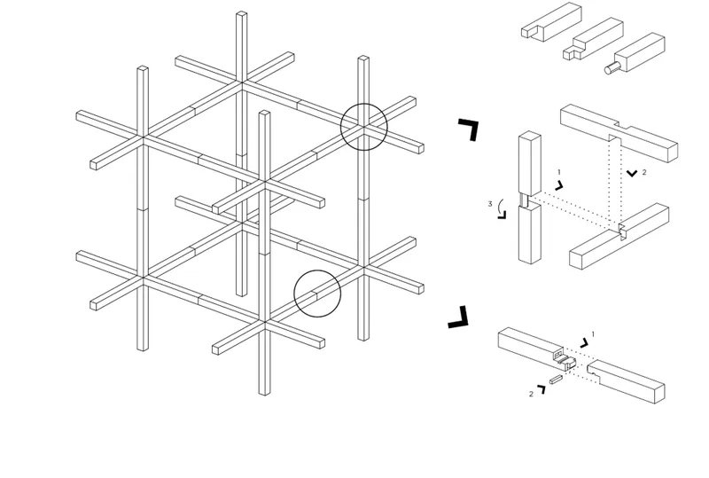Isometric drawing of a modular timber post and beam framework with circular connection details