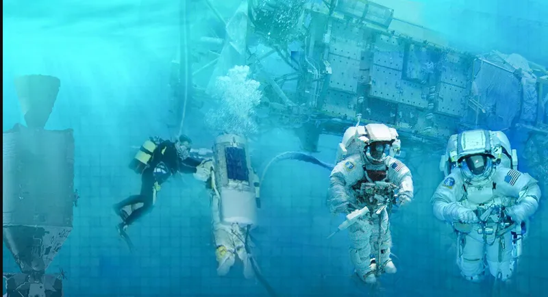 Underwater view of astronauts training beside a submerged space station module in a pool