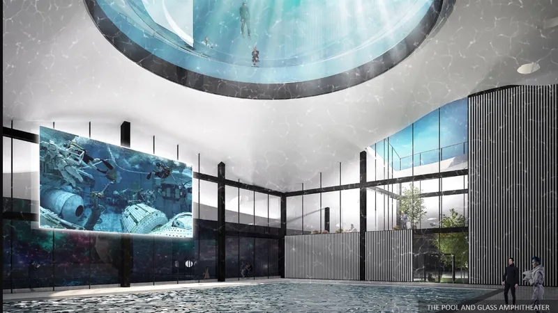 Interior rendering showing a circular skylight pool above a double-height space with glass walls