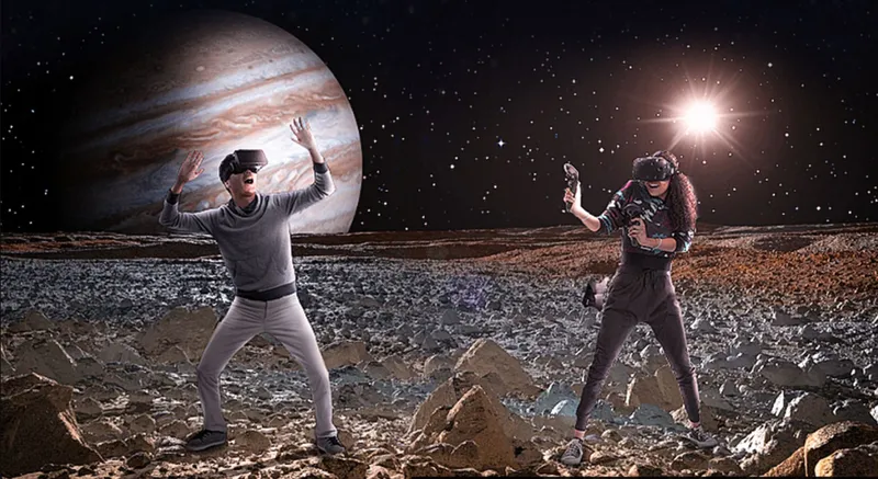 Two figures in spacesuits stand on a rocky lunar surface with a planet in the starlit sky