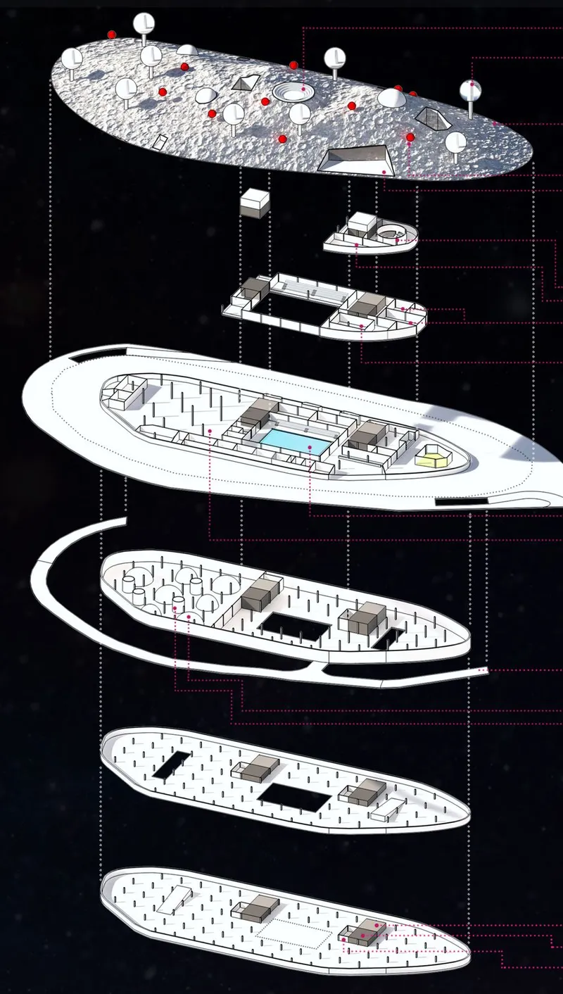 Exploded axonometric drawing showing six stacked oval floor plates with labeled program zones