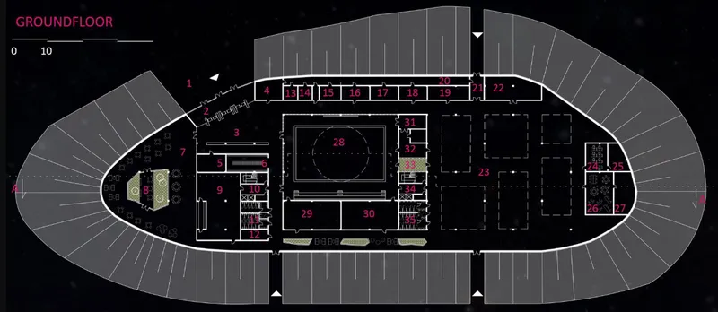 Ground floor plan drawing of an oval building with a central circular pool and numbered rooms