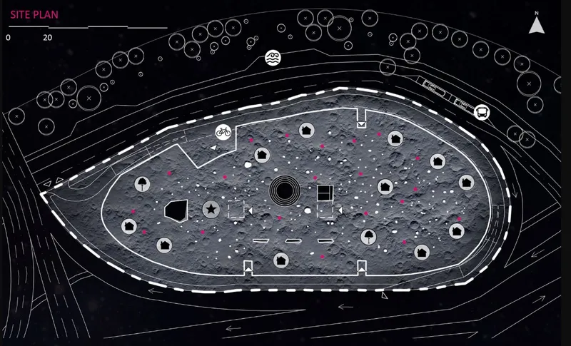 Site plan drawing showing an oval building footprint surrounded by contour lines and tree symbols