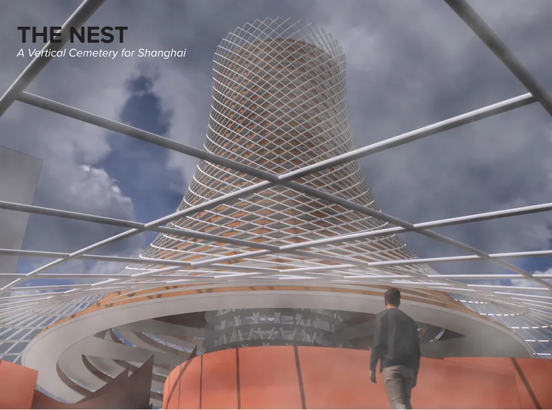View from beneath radiating white structural cables looking up at the diamond-patterned tower under cloudy skies