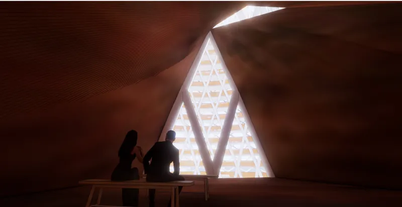 Interior chapel space with two silhouetted figures seated at a table before a glowing diamond-patterned window