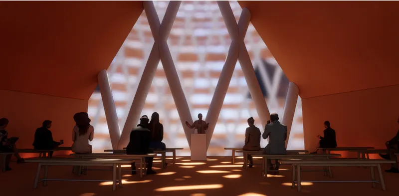 Gathering of visitors on benches within the orange interior space facing the illuminated latticed window wall