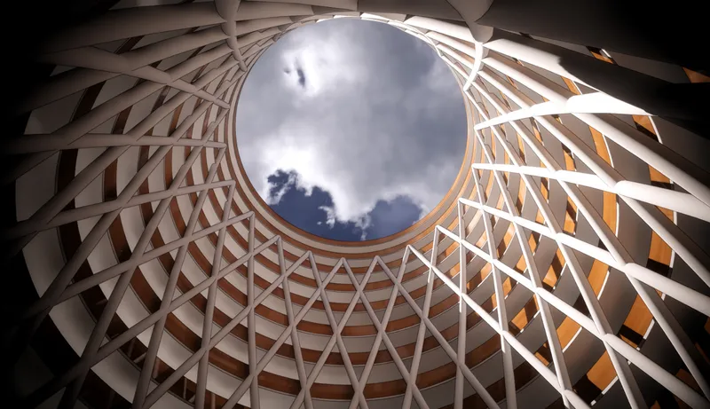 Upward view through the circular atrium oculus framing clouds and sky with diamond lattice structure surrounding