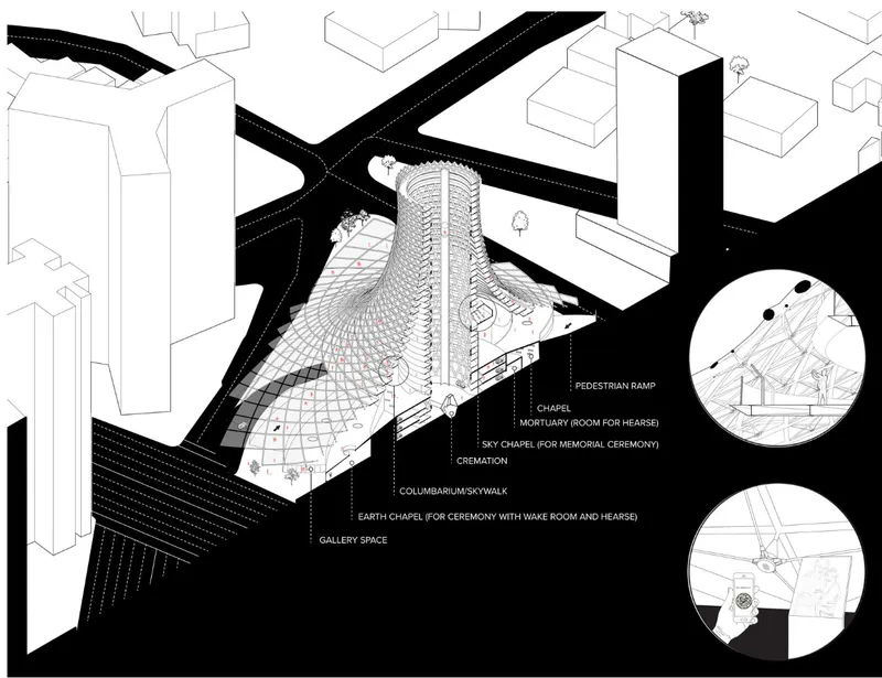 Axonometric drawing showing the vertical tower surrounded by street grid with detail callouts of interior spaces