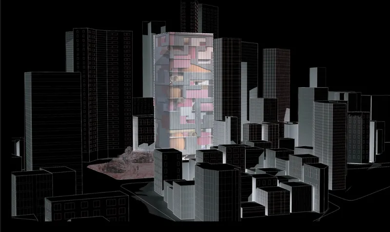 Digital rendering showing a translucent pixelated tower rising above a wireframe urban model at night