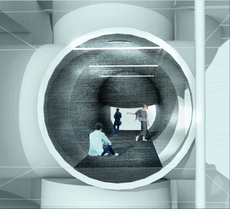 Circular portal lined with textured dark tiles as three visitors pass through the white framed opening