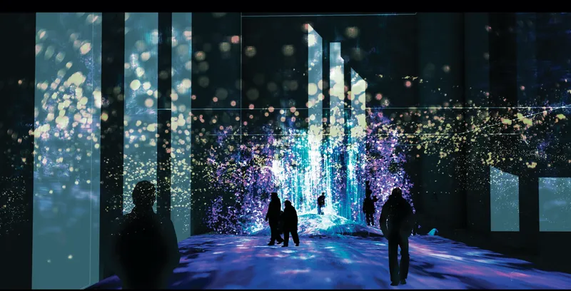 Mirrored gallery space with glowing vertical light columns and ceiling projections as silhouettes move through
