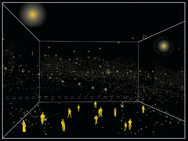 Axonometric diagram depicting yellow human figures distributed across a starfield representing spatial relationships