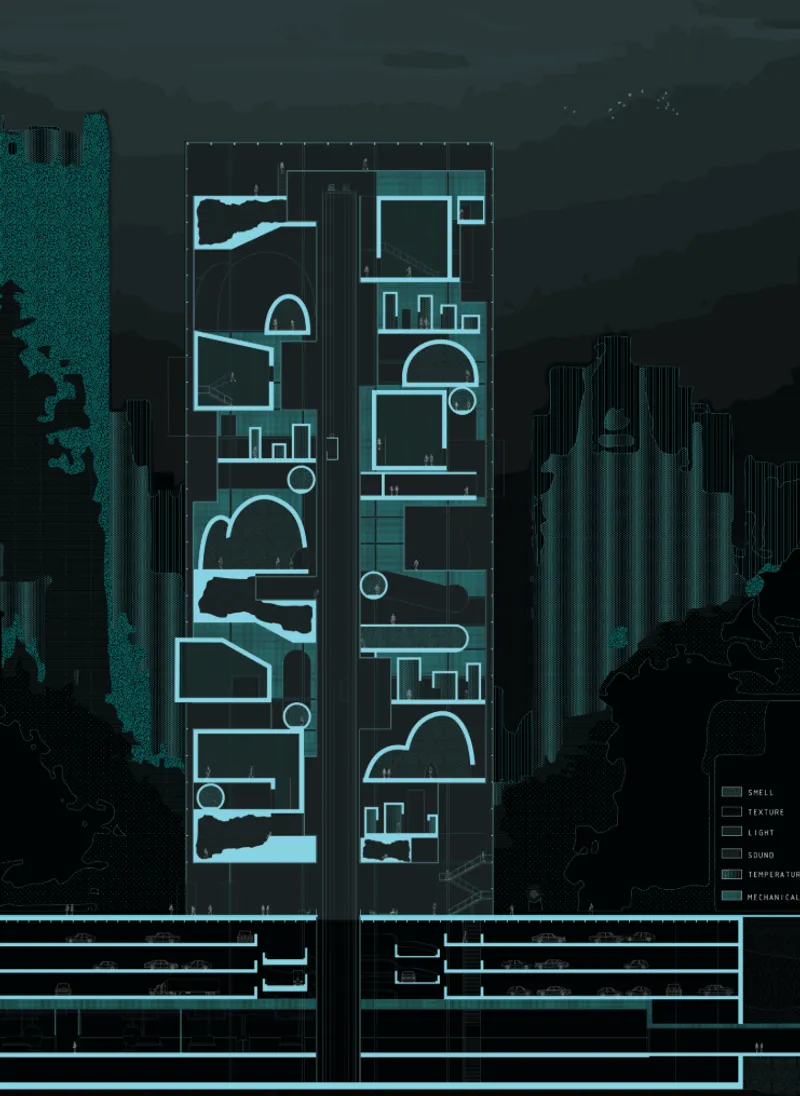 Section drawing in turquoise highlighting vaulted chambers and connecting spaces across multiple levels
