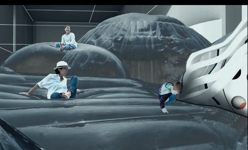 Interior play landscape of grey inflatable domes and quilted surfaces with children climbing