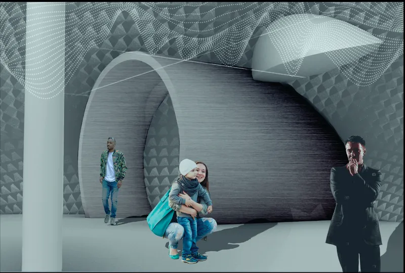 Curved wall surface with horizontal brick pattern and pyramidal textured panels as visitors gather in shadow