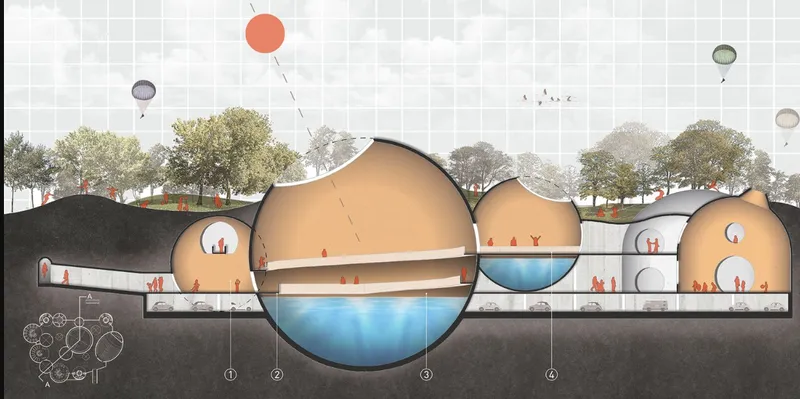 Section drawing showing domed volumes partially submerged in water with planted trees above ground