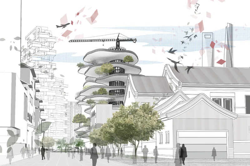 Perspective rendering of a spiraling tower with rooftop plantings surrounded by street trees and pedestrians