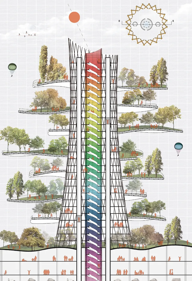 Section drawing of a vertical tower with rainbow-colored central core and planted terraces at each level