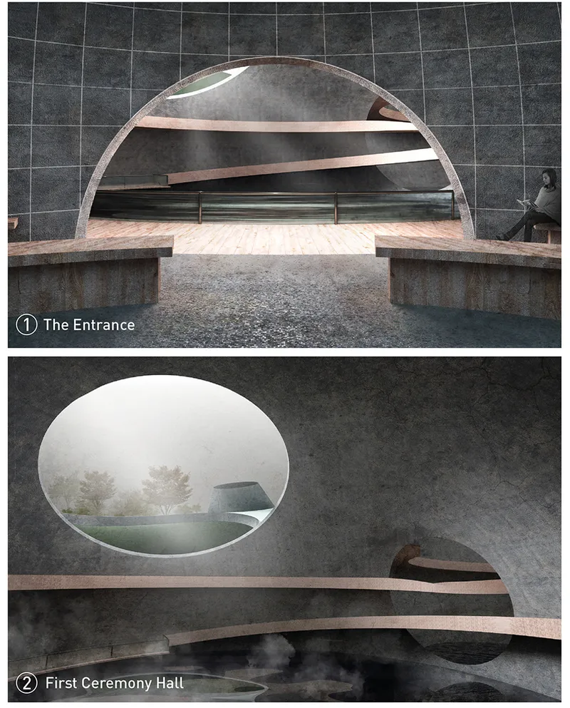 Interior rendering of ceremonial space with domed ceiling, copper-toned bands, and oval aperture framing misty landscape