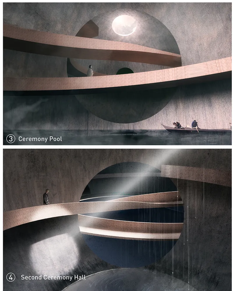Interior rendering of subterranean pool with canoe, copper walkways, and circular oculus casting light overhead