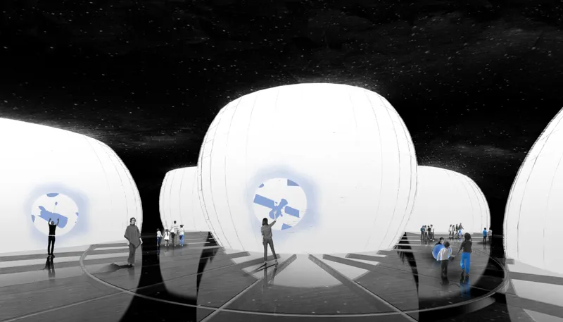 Interior gallery space with white spherical volumes and visitors viewing projected displays under a dark ceiling