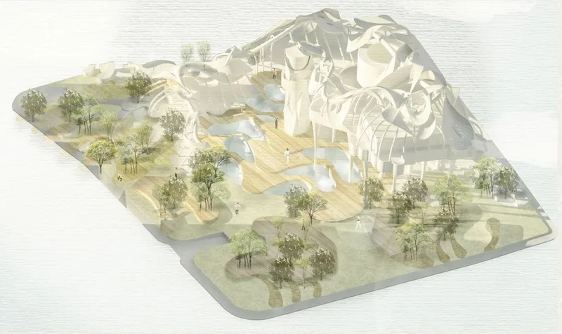Aerial axonometric rendering showing sculptural volumes grouped around a central plaza with planted areas and trees