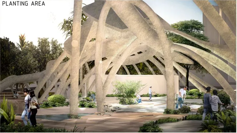 Covered outdoor plaza beneath intersecting concrete arches with visitors and landscaped planting beds