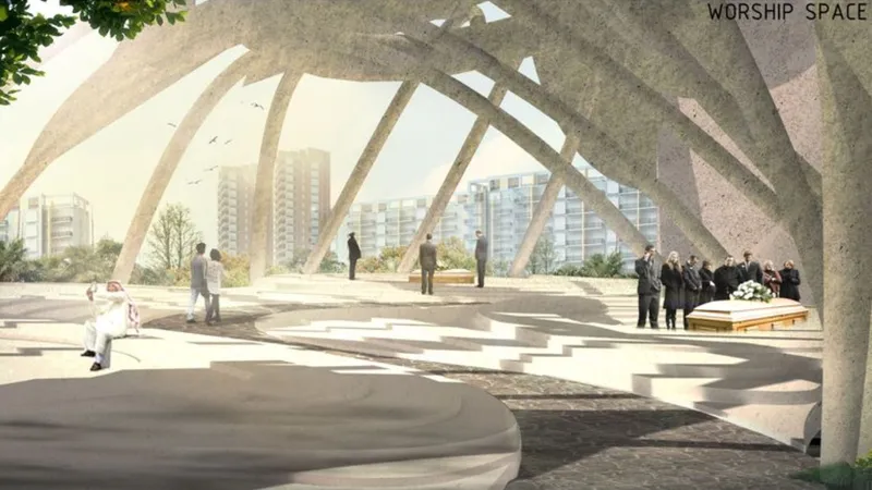 Interior worship space framed by branching concrete ribs with city towers visible beyond