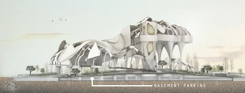 Section drawing revealing the arched structure above ground and basement parking level below