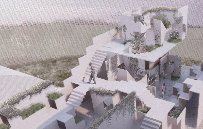 Aerial view of a model showing terraced white volumes with staircases, courtyards, and planted greenery