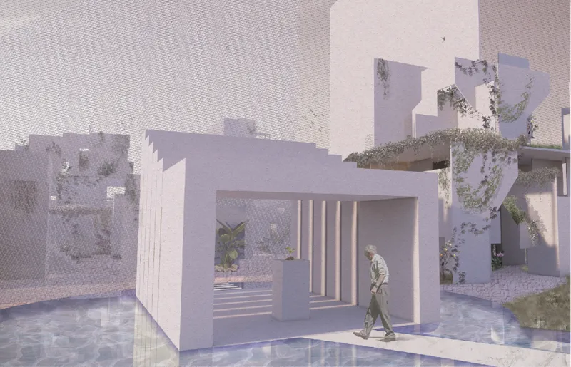 Model rendering of a covered pavilion with vertical fins as a figure walks through