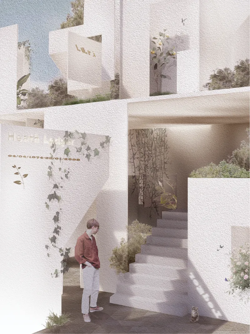 Model rendering of a narrow corridor with textured walls, trailing vines, and a person reading