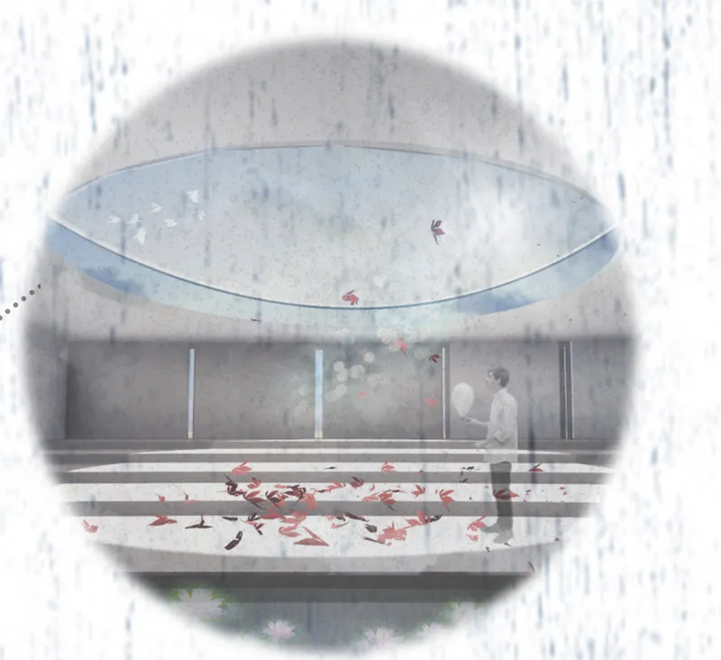 Section rendering of a domed interior space with scattered petals and a solitary figure