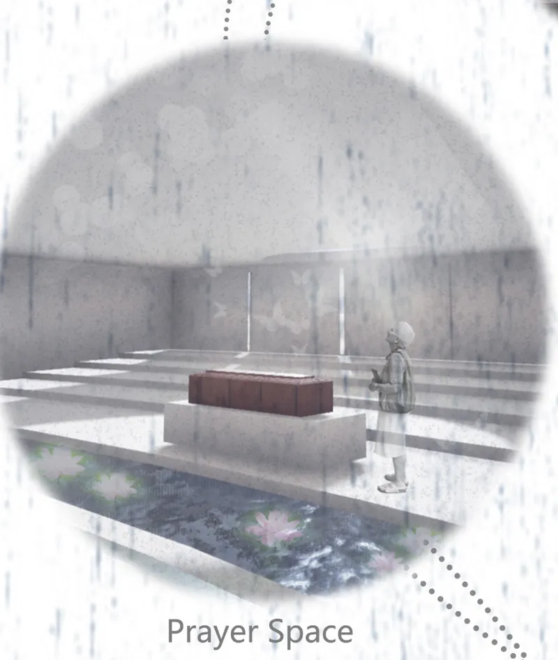 Interior view of a contemplative chamber with shallow water pools and a domed ceiling