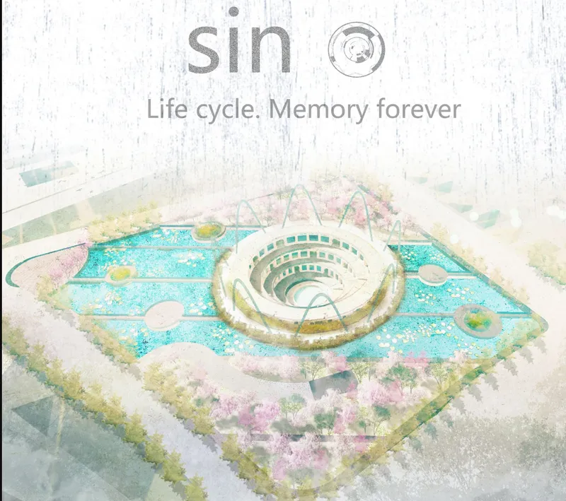 Aerial rendering showing a spiral amphitheater surrounded by water features and flowering trees