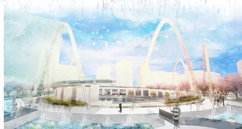 Rendered view of a plaza with white arched structures and cherry blossom trees in spring