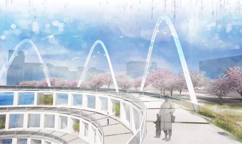 Curved pedestrian bridge with white arches overlooking a pathway lined with cherry blossoms