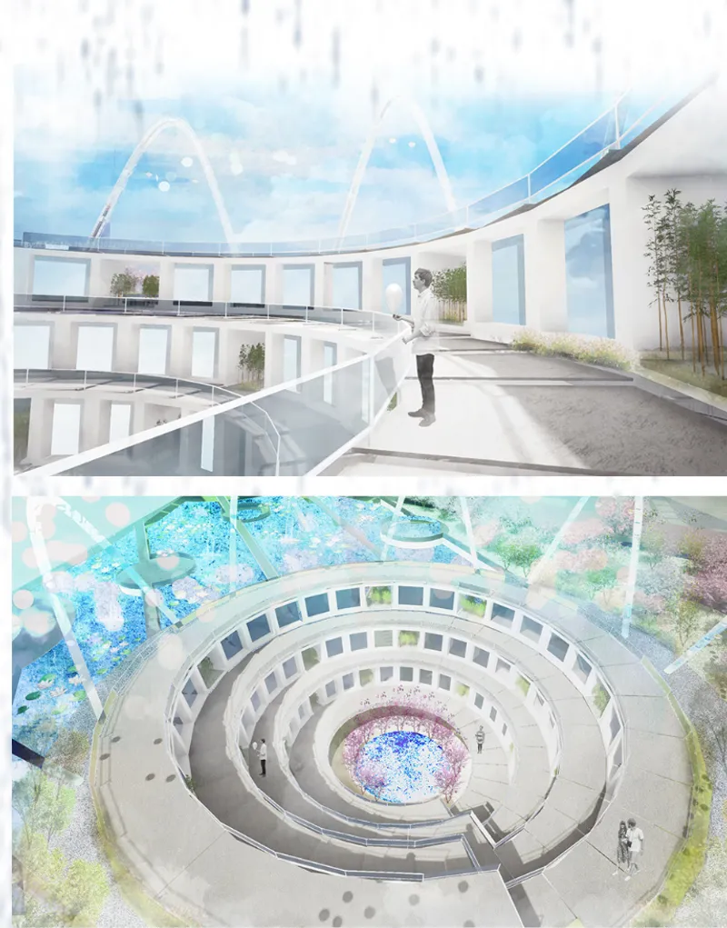 Two renderings showing a curved circulation ramp and top-down view of a spiral interior atrium