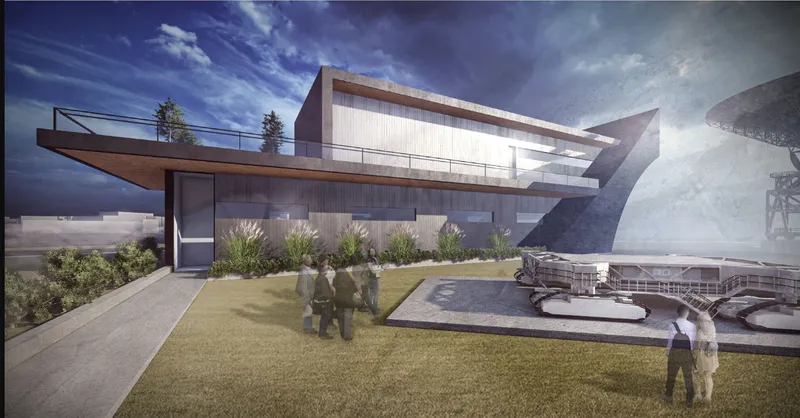 Rendered front elevation showing cantilevered concrete roof and lawn with figures under a cloudy sky