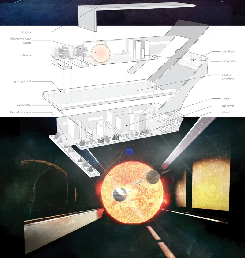 Exploded axonometric drawing with annotated spatial layers and celestial imagery below