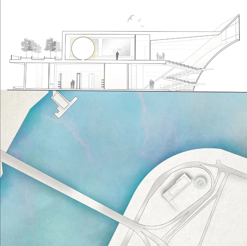 Section drawing showing the two-level interior with stairs and pool extending below grade