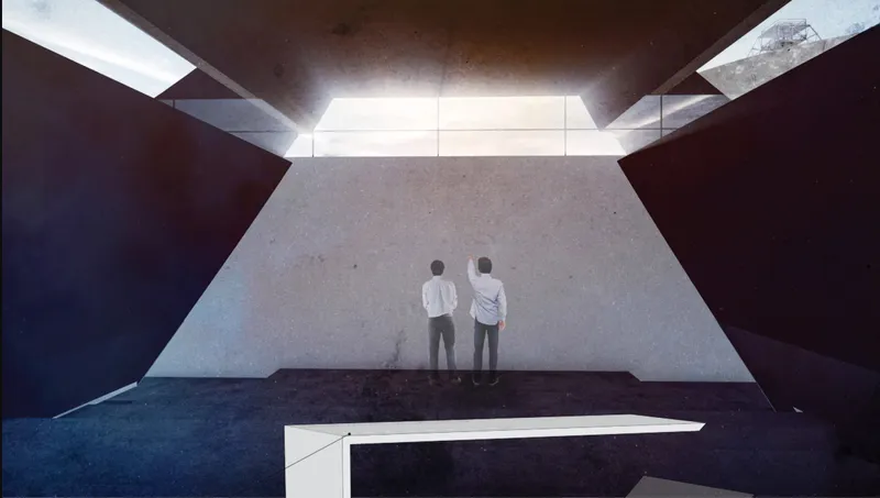 Interior perspective rendering of two figures in a gallery space with angled dark walls