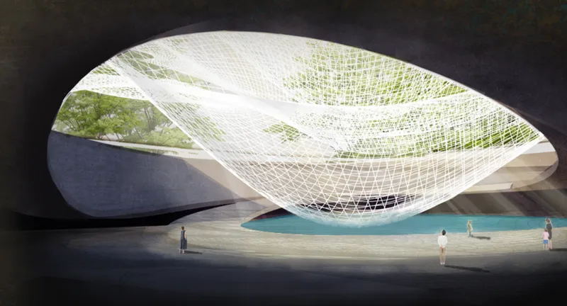 Interior view under the draped mesh roof structure with a reflecting pool below