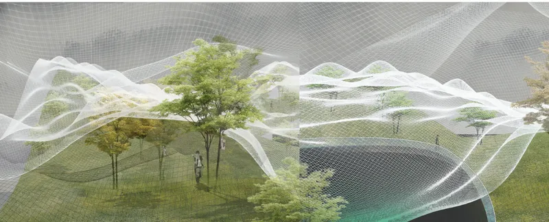 Close view of the layered mesh canopy sheltering trees and a water feature