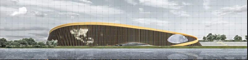 Waterside elevation of the horizontal ribbed volume reflected in the calm water
